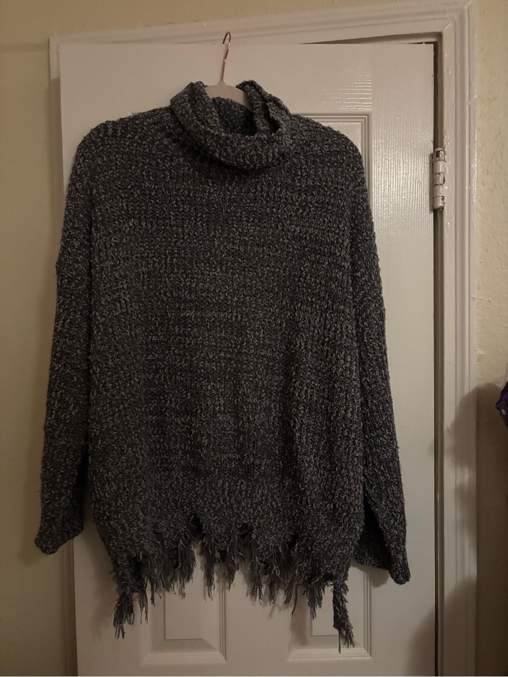 Umgee Charcoal Gray Turtleneck Fringe Sweater